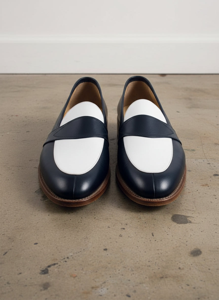 Men Two Tone Spectator dress Shoes Blue and White Leather Loafer moccasins - front-view