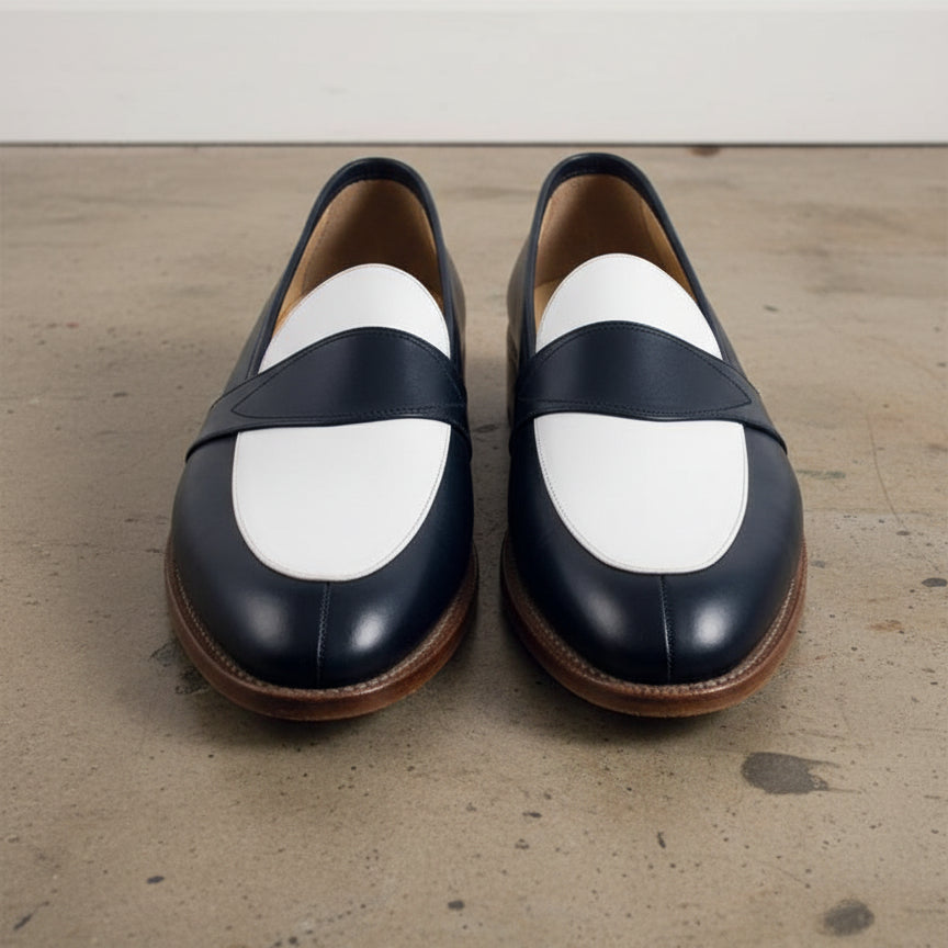 Men Two Tone Spectator dress Shoes Blue and White Leather Loafer moccasins - front-view