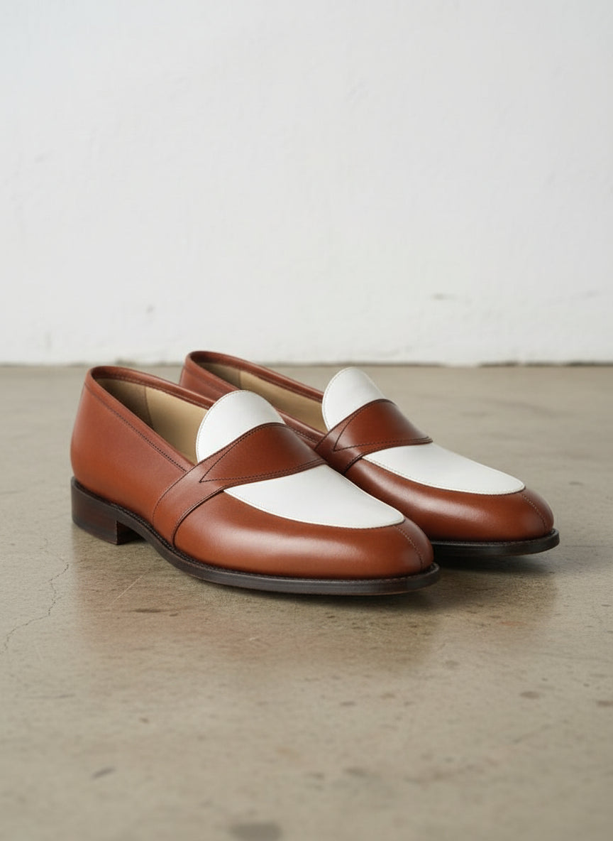 Men Two Tone Spectator dress Shoes brown and White Leather Loafer moccasins - 3-4-right-view