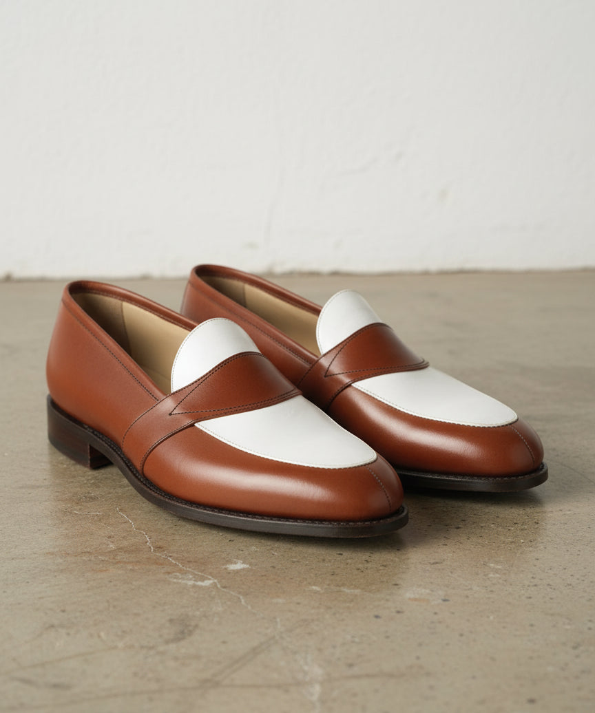 Men Two Tone Spectator dress Shoes brown and White Leather Loafer moccasins - angle-view-showing-depth