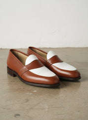 Men Two Tone Spectator dress Shoes brown and White Leather Loafer moccasins - angle-view-showing-depth