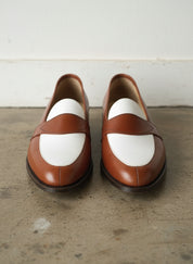 Men Two Tone Spectator dress Shoes brown and White Leather Loafer moccasins - front-view