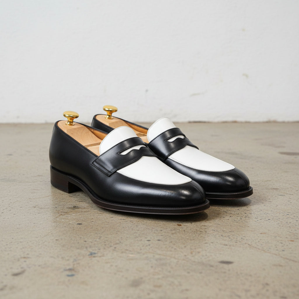 Men Two Tone Spectator Shoes Black And White Leather moccasins, Mens shoes