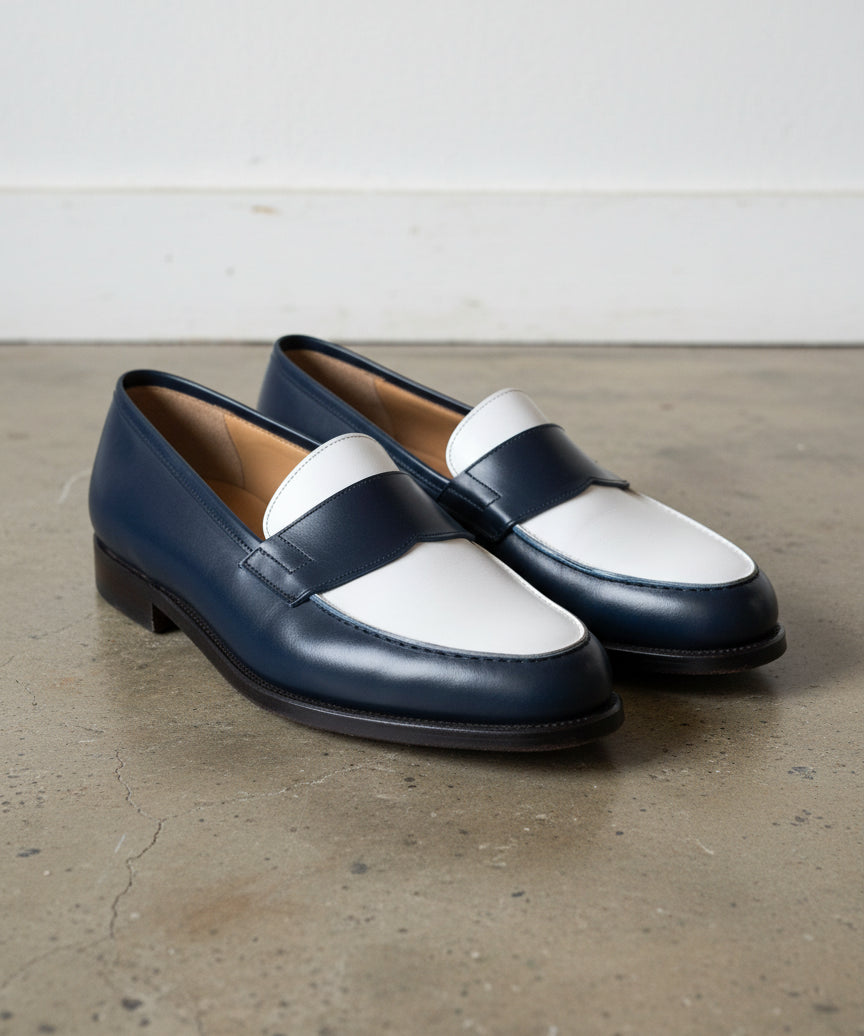 Men Two Tone Spectator Shoes Blue and White Leather Dress Shoes moccasins - angle-view-showing-depth