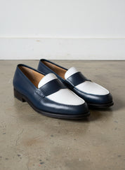 Men Two Tone Spectator Shoes Blue and White Leather Dress Shoes moccasins - angle-view-showing-depth