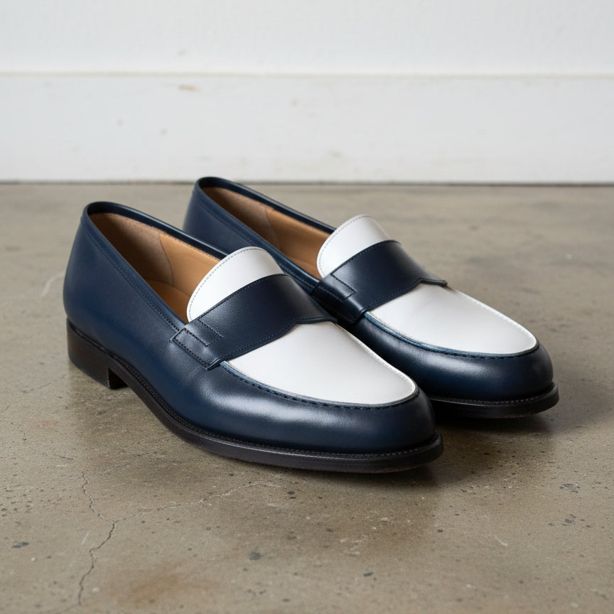 Men Two Tone Spectator Shoes Blue and White Leather Dress Shoes moccasins - angle-view-showing-depth