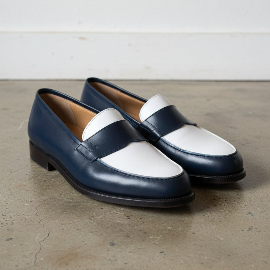 Handcrafted Men's Two-tone Penny Loafers in Blue and White Leather