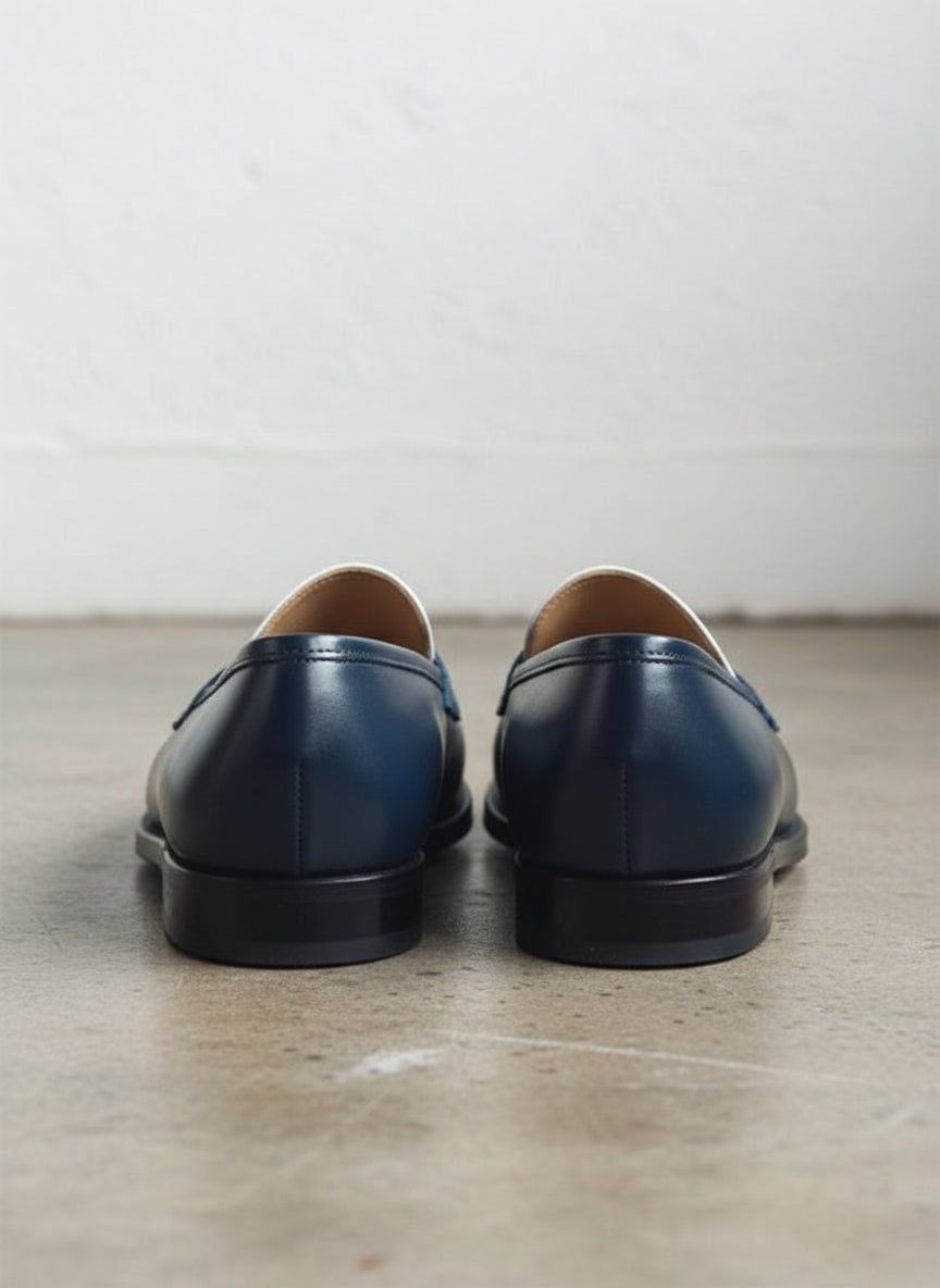 Men Two Tone Spectator Shoes Blue and White Leather Dress Shoes moccasins - back-view