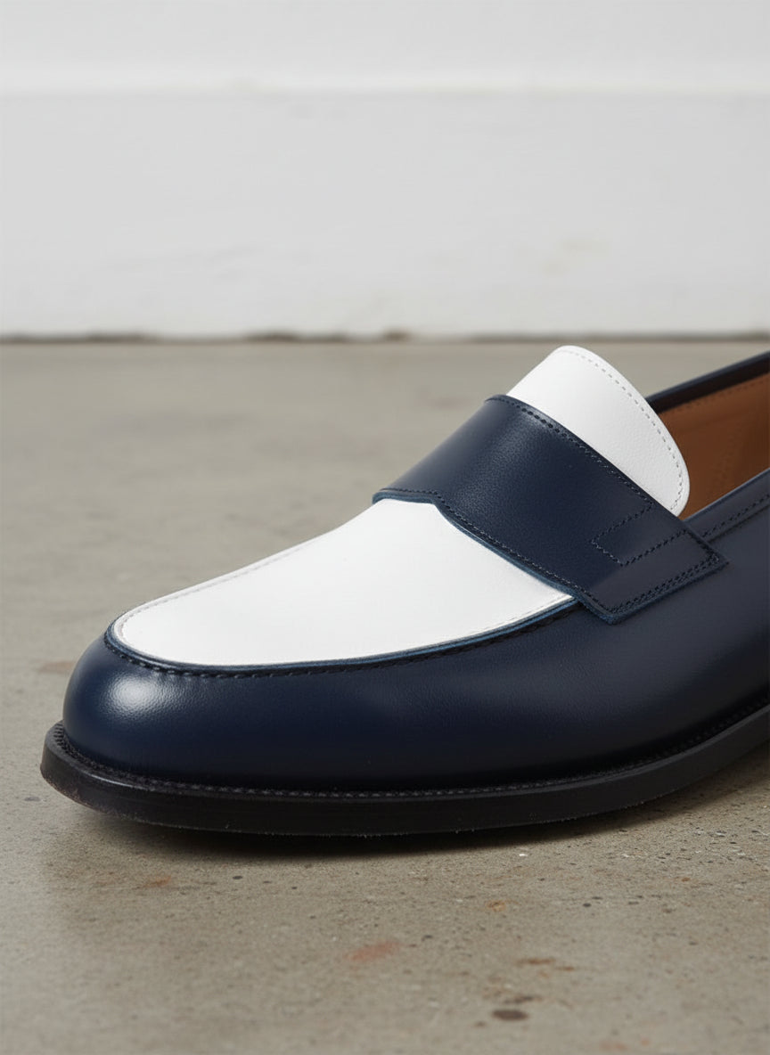 Men Two Tone Spectator Shoes Blue and White Leather Dress Shoes moccasins - detail-view-showing-texture