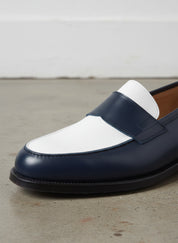 Men Two Tone Spectator Shoes Blue and White Leather Dress Shoes moccasins - detail-view-showing-texture