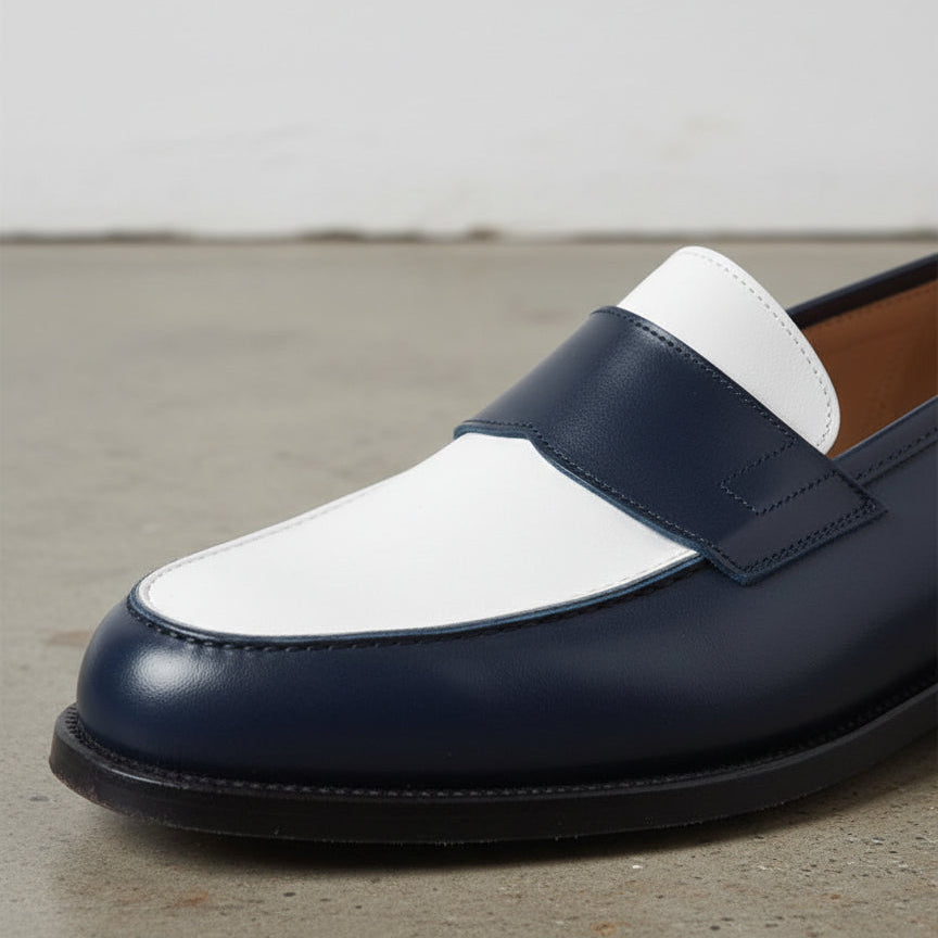 Men Two Tone Spectator Shoes Blue and White Leather Dress Shoes moccasins - detail-view-showing-texture