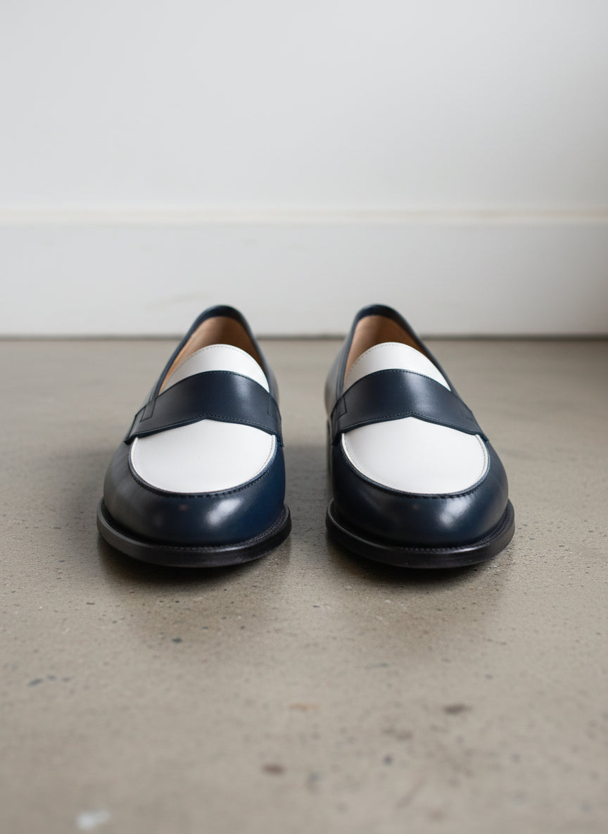 Men Two Tone Spectator Shoes Blue and White Leather Dress Shoes moccasins - front-view