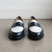 Men Two Tone Spectator Shoes Blue and White Leather Dress Shoes moccasins - front-view