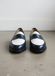 Men Two Tone Spectator Shoes Blue and White Leather Dress Shoes moccasins - front-view