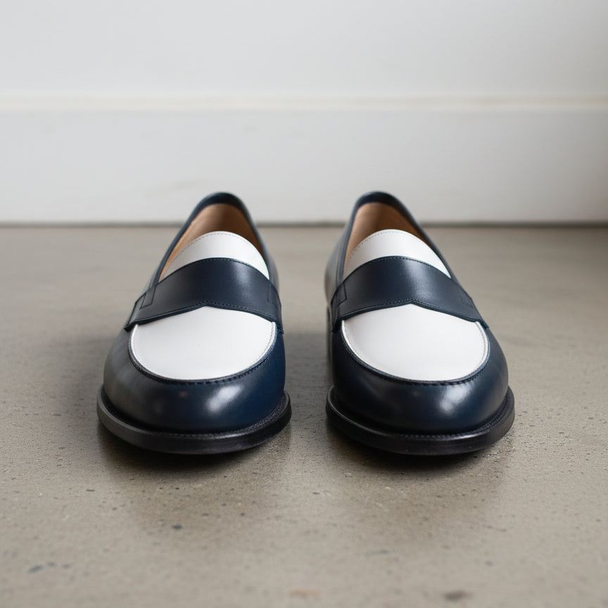 Men Two Tone Spectator Shoes Blue and White Leather Dress Shoes moccasins - front-view