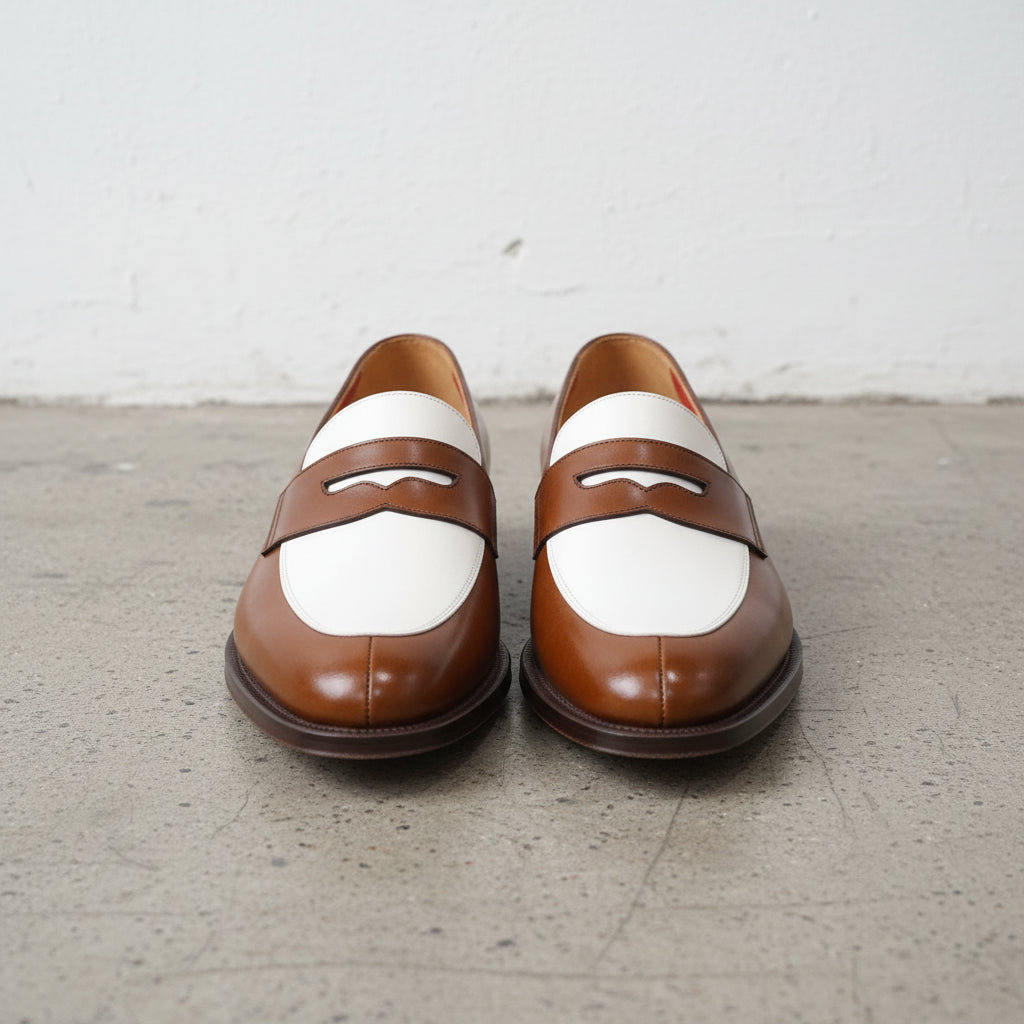 Men's Brown and White Two-Tone Leather Penny Loafers — Elcombe