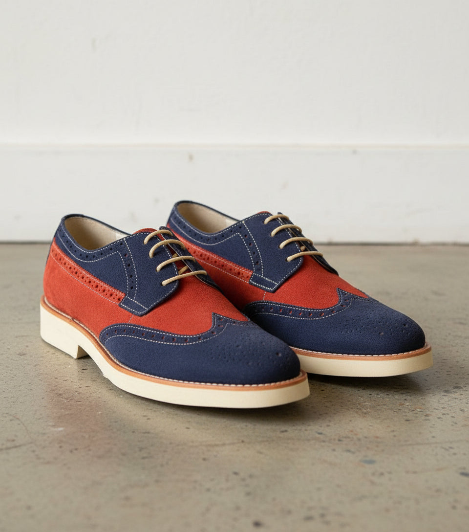 Men Two Tone Suede Leather Shoes, Derby Red And Navy Crepe Sole Shoes