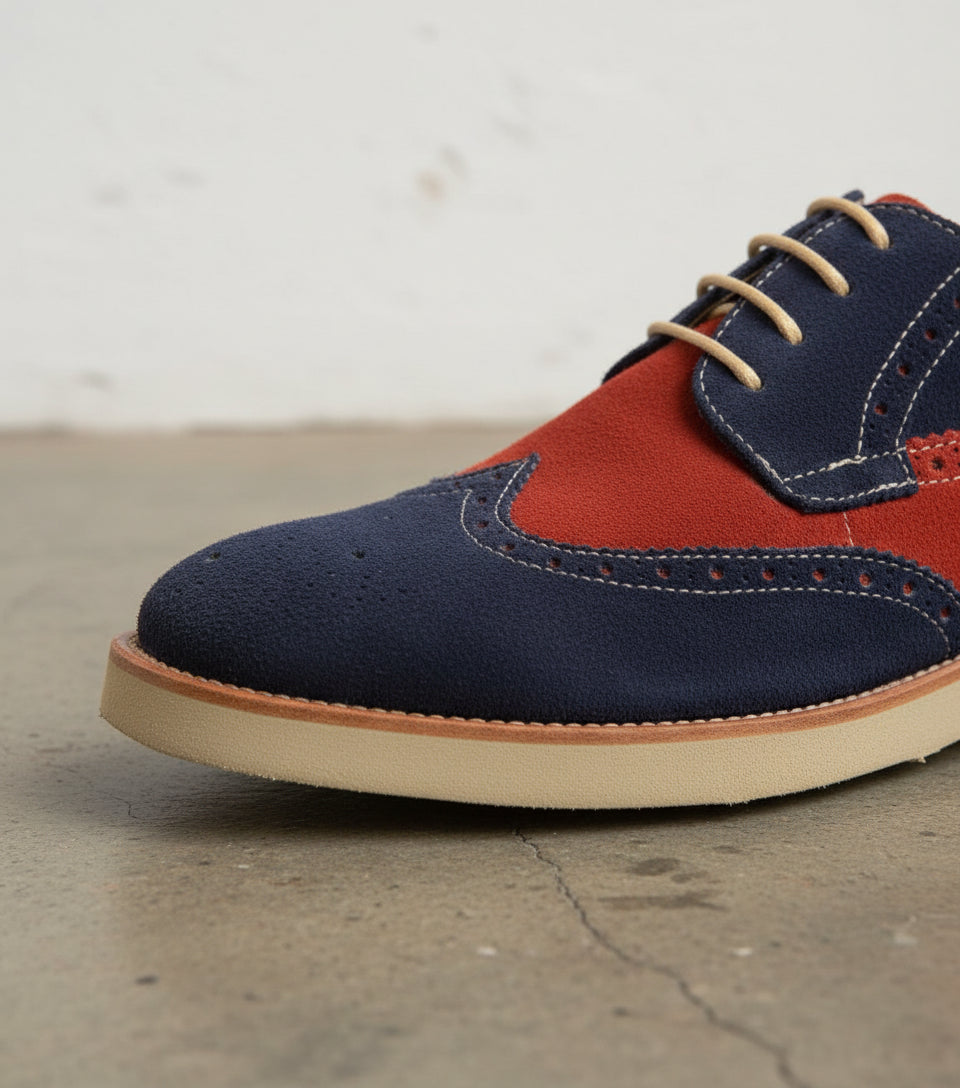 Men Two Tone Suede Leather Shoes, Derby Red And Navy Crepe Sole Shoes
