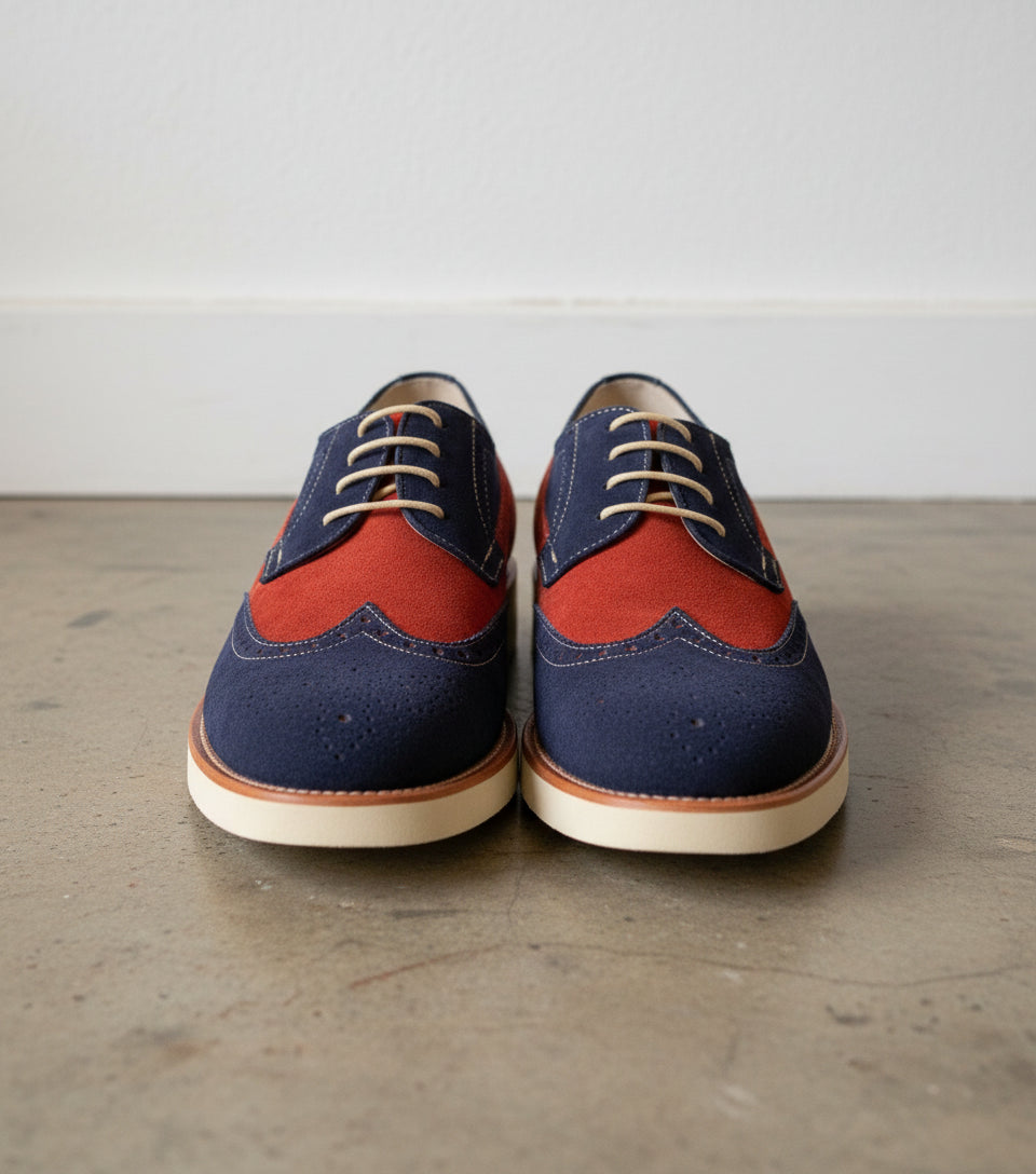 Men Two Tone Suede Leather Shoes, Derby Red And Navy Crepe Sole Shoes