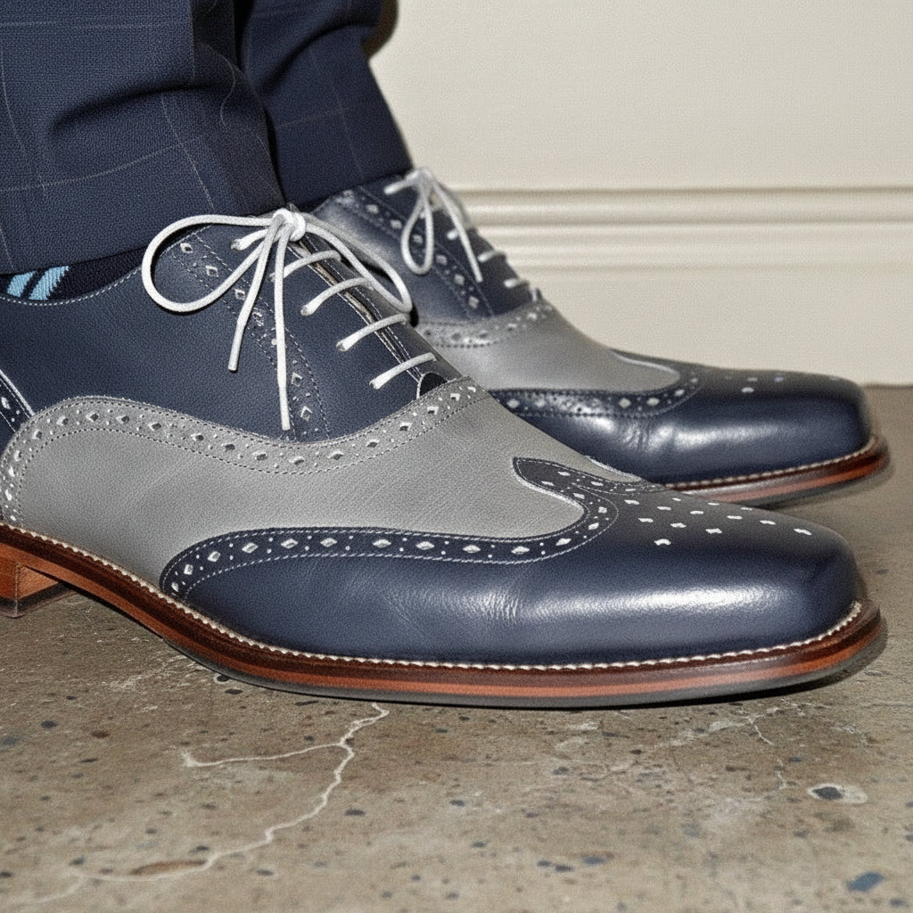 Men Two Tone Wing Tip Brogue Formal Shoes Blue And Gray Dress Shoes