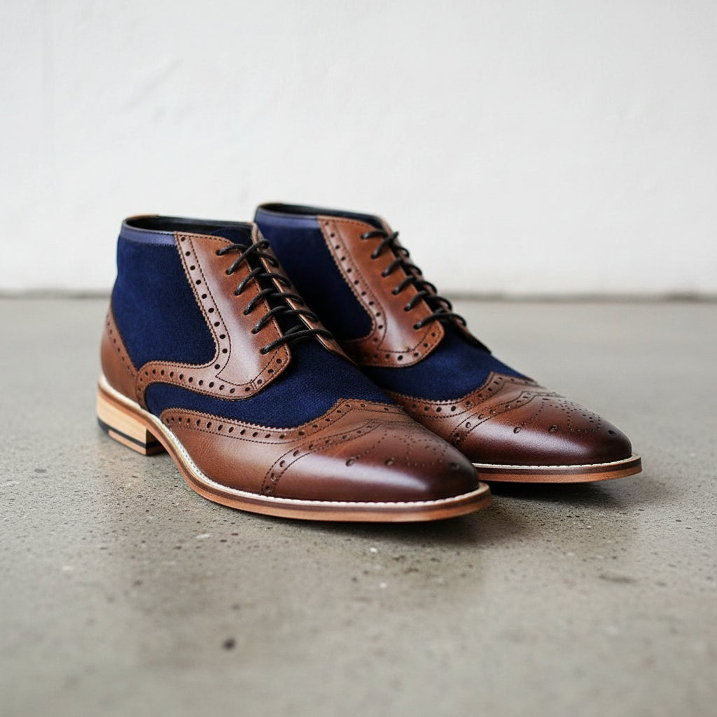 Men Two Tone Wingtip Brogue Ankle Boot Brown And Navy Lace up Boot - angle-view-showing-depth