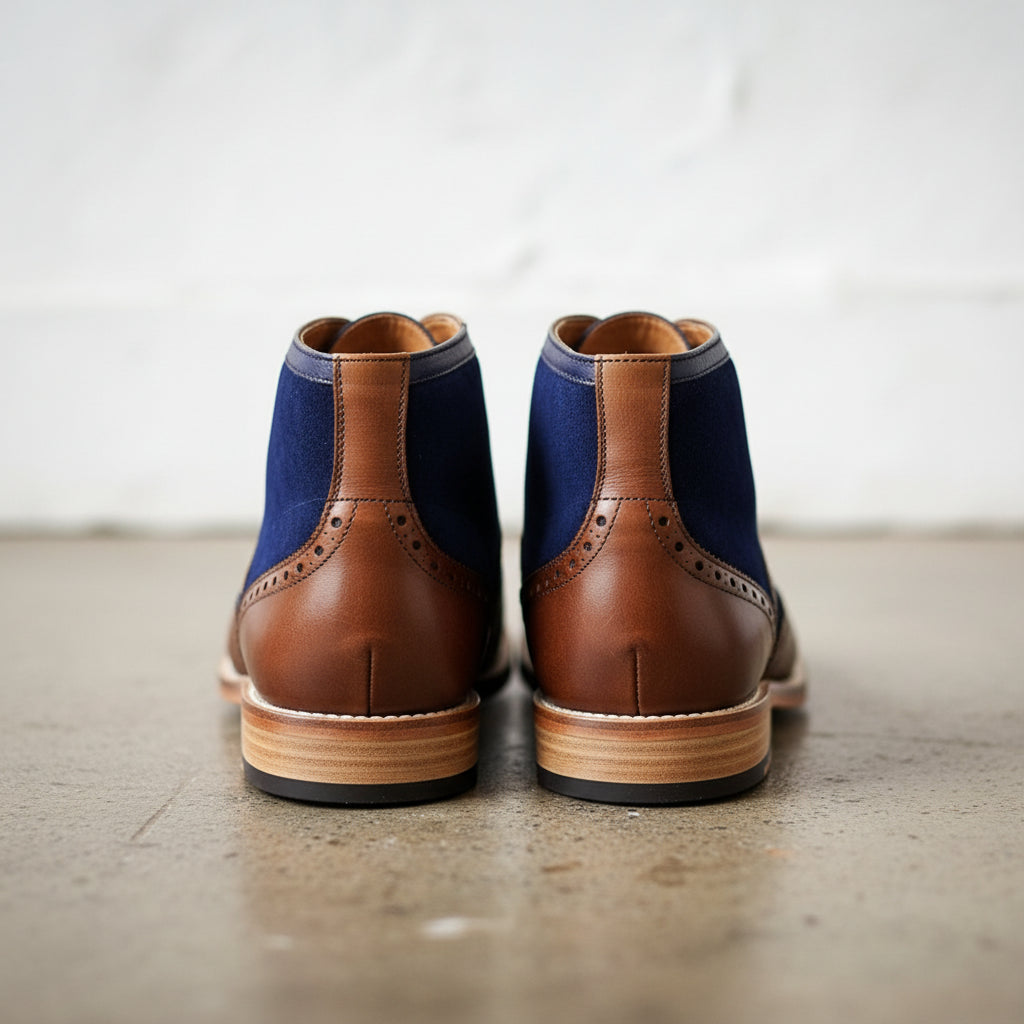 Men Two Tone Wingtip Brogue Ankle Boot Brown And Navy Lace up Boot - back-view