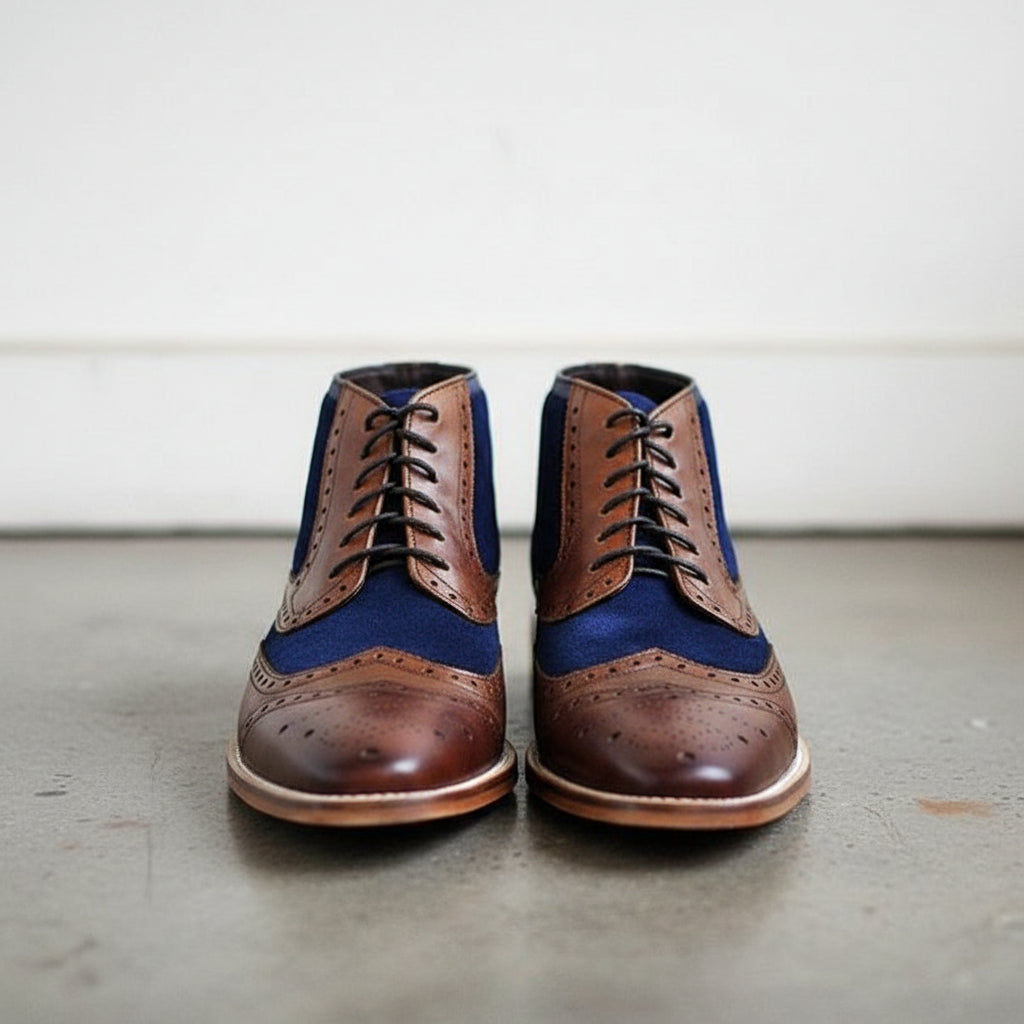 brown casual dress boots Men's Brown and Dark Blue Cap-Toe Leather Derby Boots — Dunsley US 8.5 / Brown