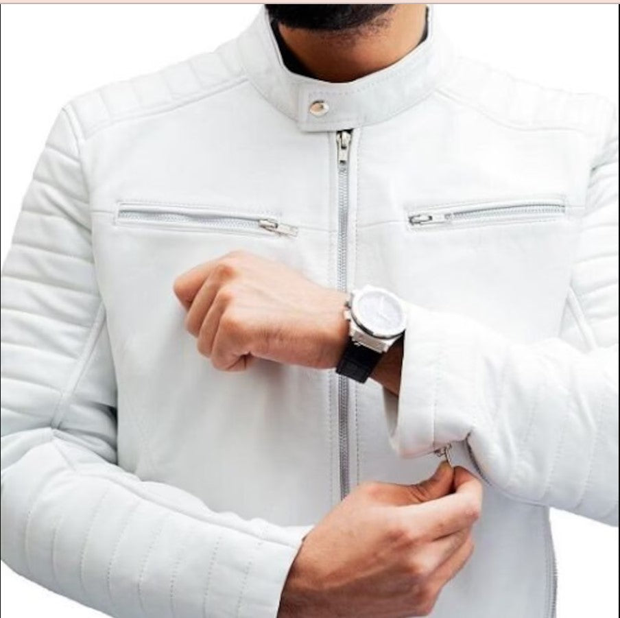 Men white leather slimfit jacket, Men motorcycle jacket, Jacket for men