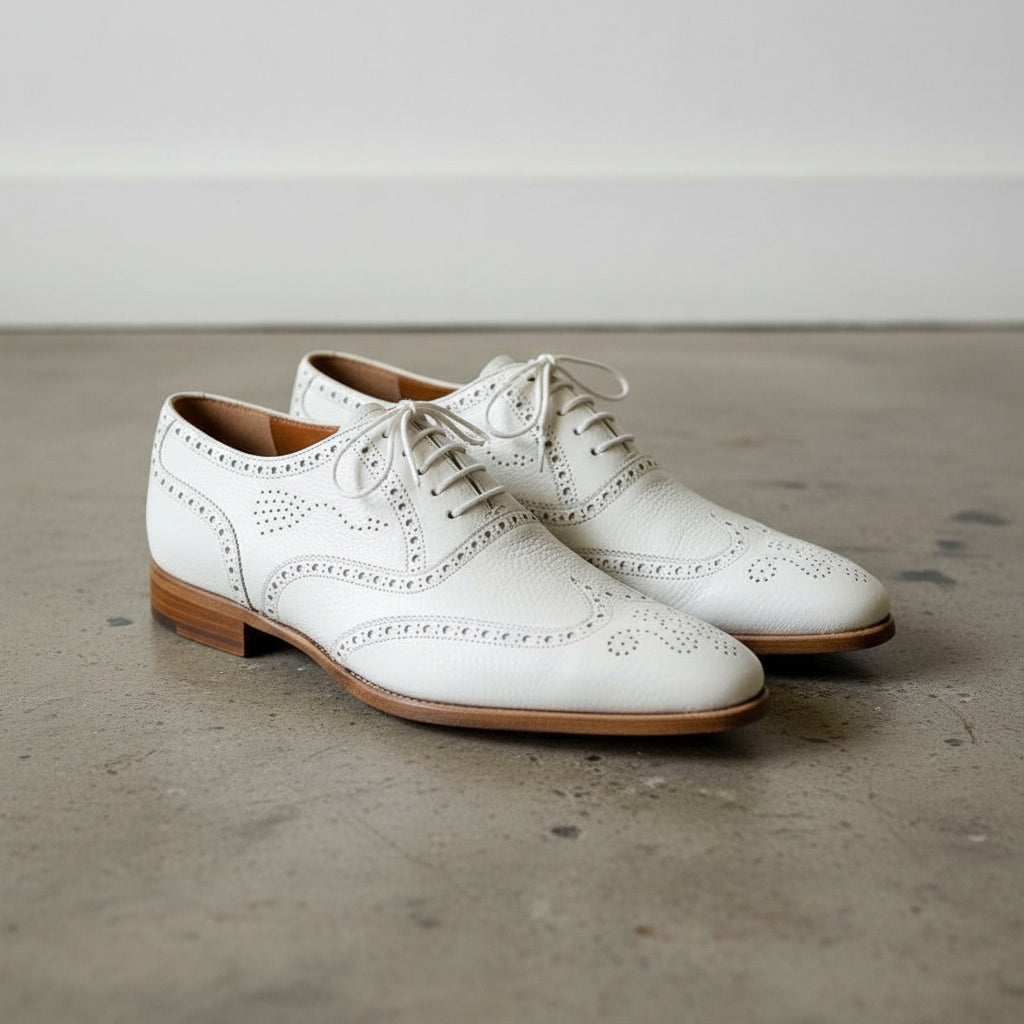 Men Wingtip Dress Party Shoes, Brogue Shoes White Formal Shoes - 3-4-right-view