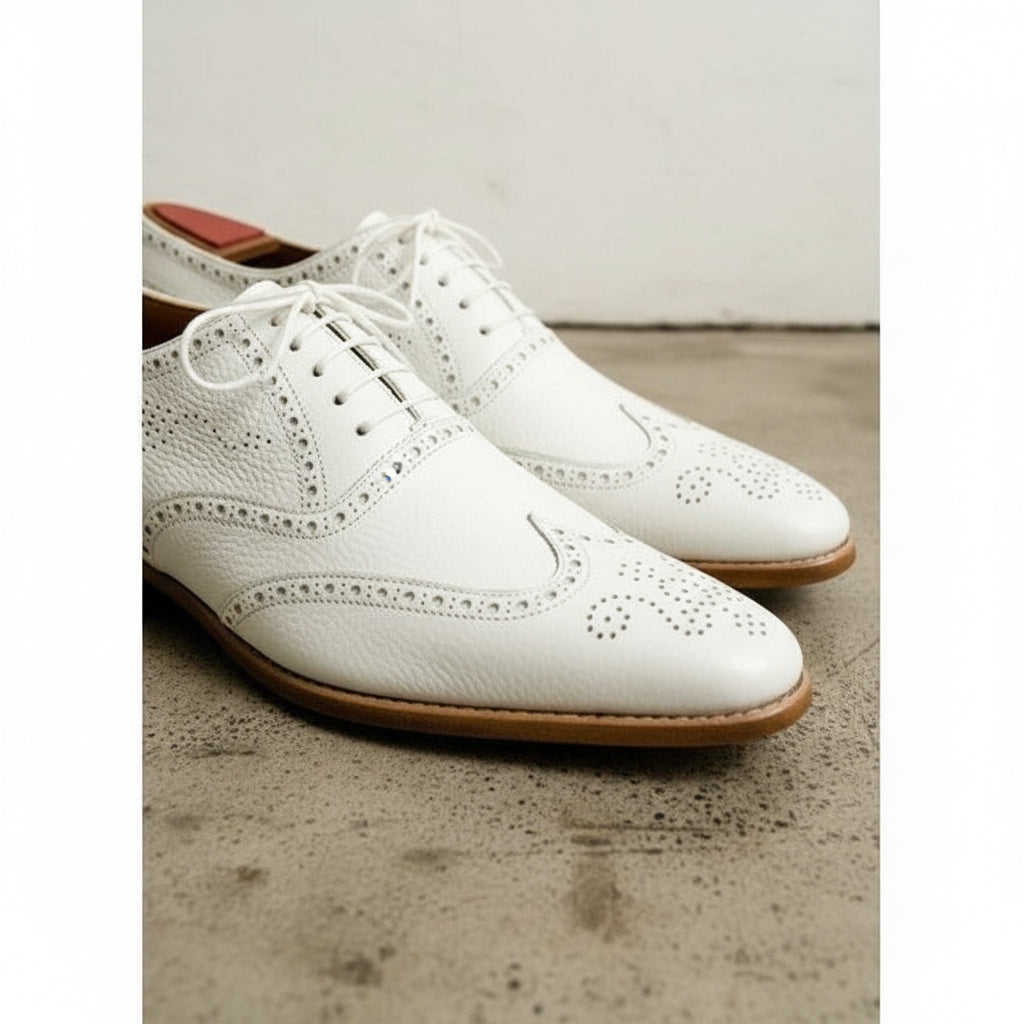 Men Wingtip Dress Party Shoes, Brogue Shoes White Formal Shoes - detail-view-showing-texture