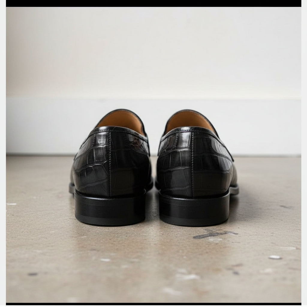 Mens Alligators Shoes, Men Black crocodile Patterned dress shoes moccasins - back-view