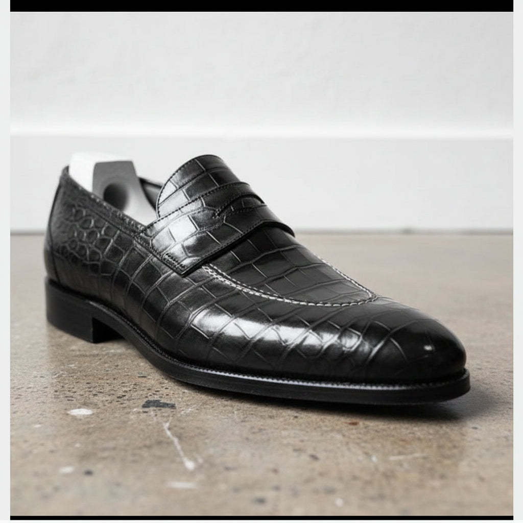 Mens Alligators Shoes, Men Black crocodile Patterned dress shoes moccasins - detail-view-showing-texture