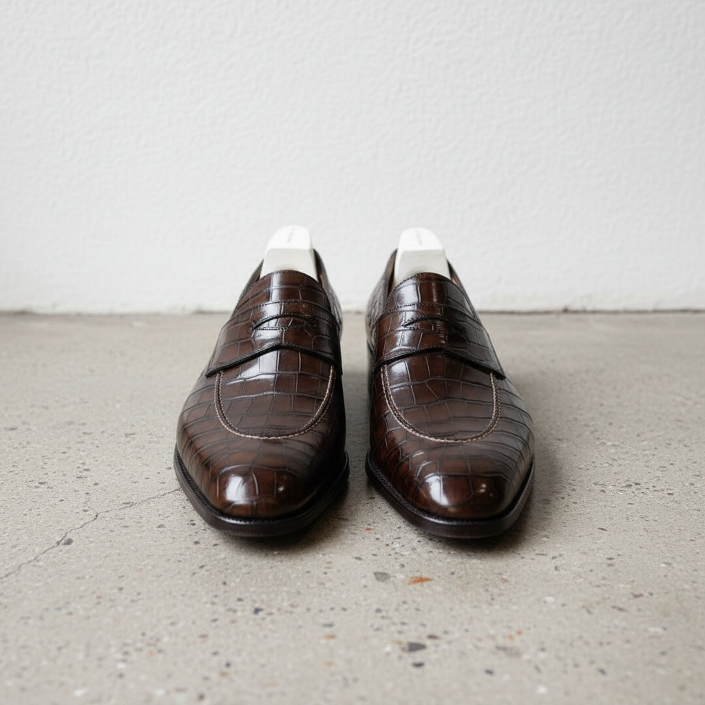 Mens Alligators Shoes, Men Black crocodile Patterned dress shoes moccasins - front-view