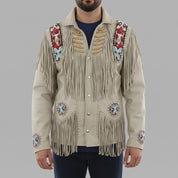 Men's Beige Beaded Fringe Suede Leather Biker Jacket — Hanford