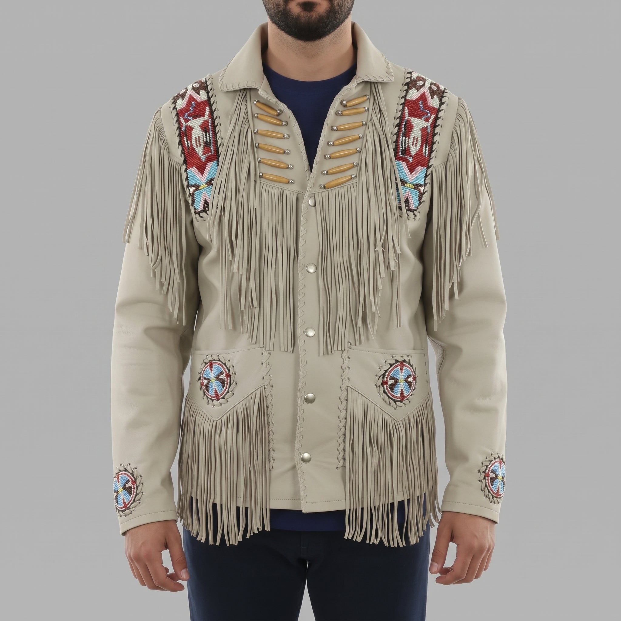 Men's Beige Beaded Fringe Suede Leather Biker Jacket — Hanford