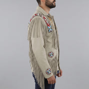 Men's Beige Beaded Fringe Suede Leather Biker Jacket — Hanford