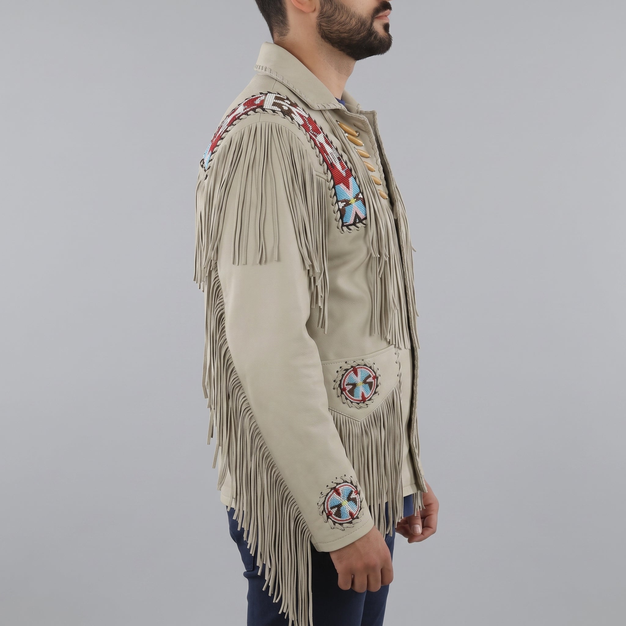 Men's Beige Beaded Fringe Suede Leather Biker Jacket — Hanford