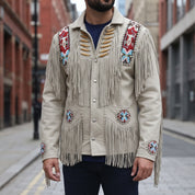 Men's Beige Beaded Fringe Suede Leather Biker Jacket — Hanford