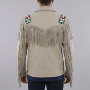Men's Beige Beaded Fringe Suede Leather Biker Jacket — Hanford