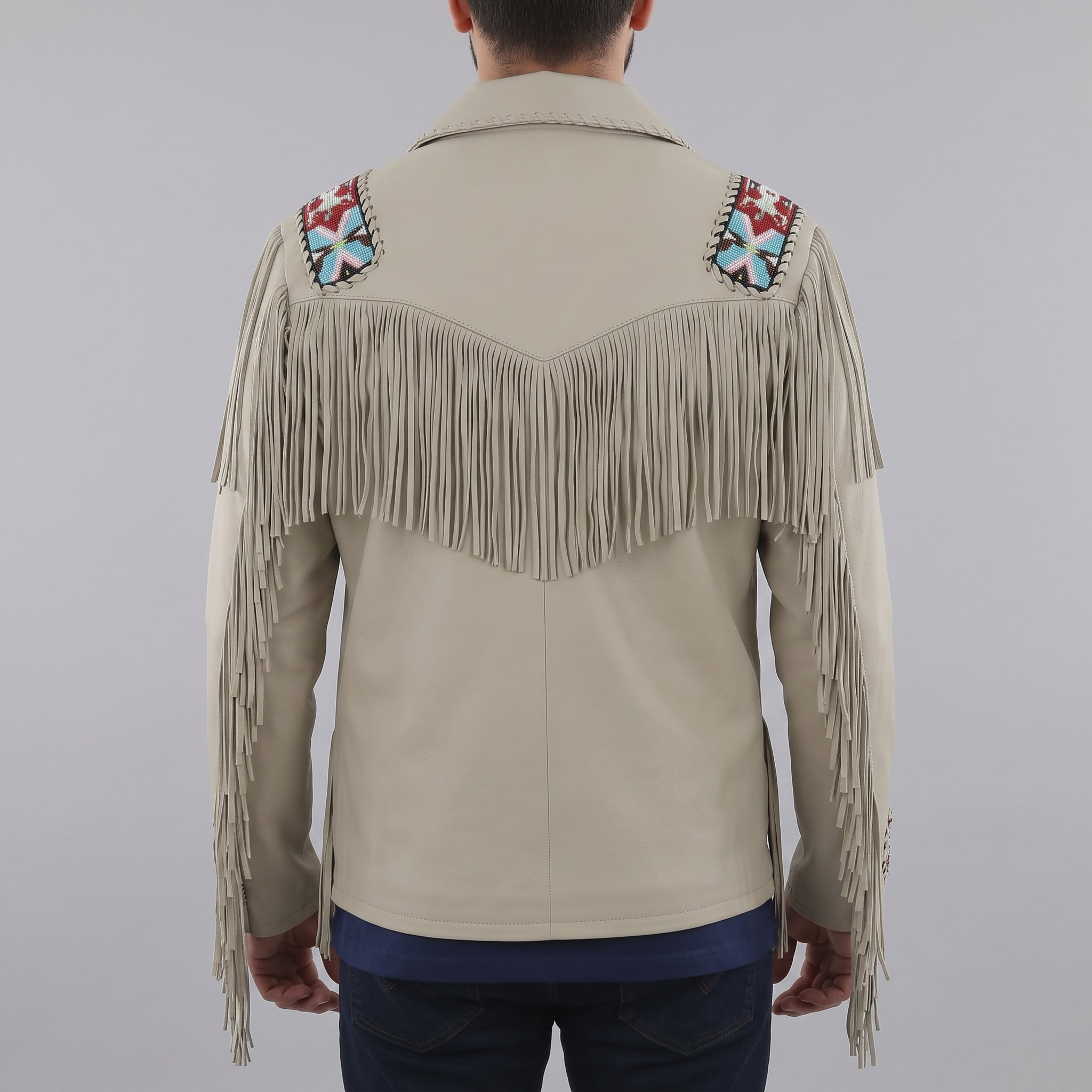 Men's Beige Beaded Fringe Suede Leather Biker Jacket — Hanford
