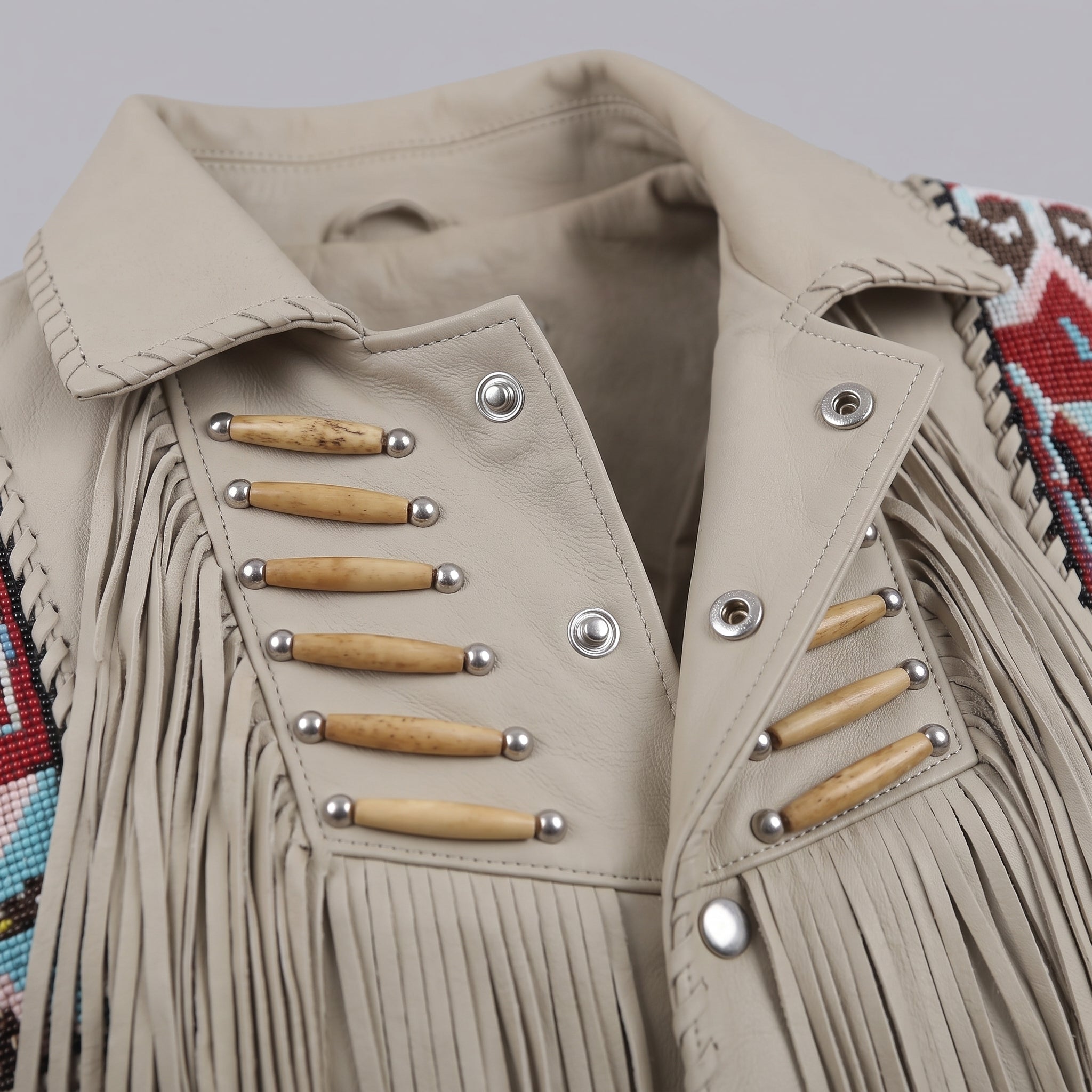 Men's Beige Beaded Fringe Suede Leather Biker Jacket — Hanford