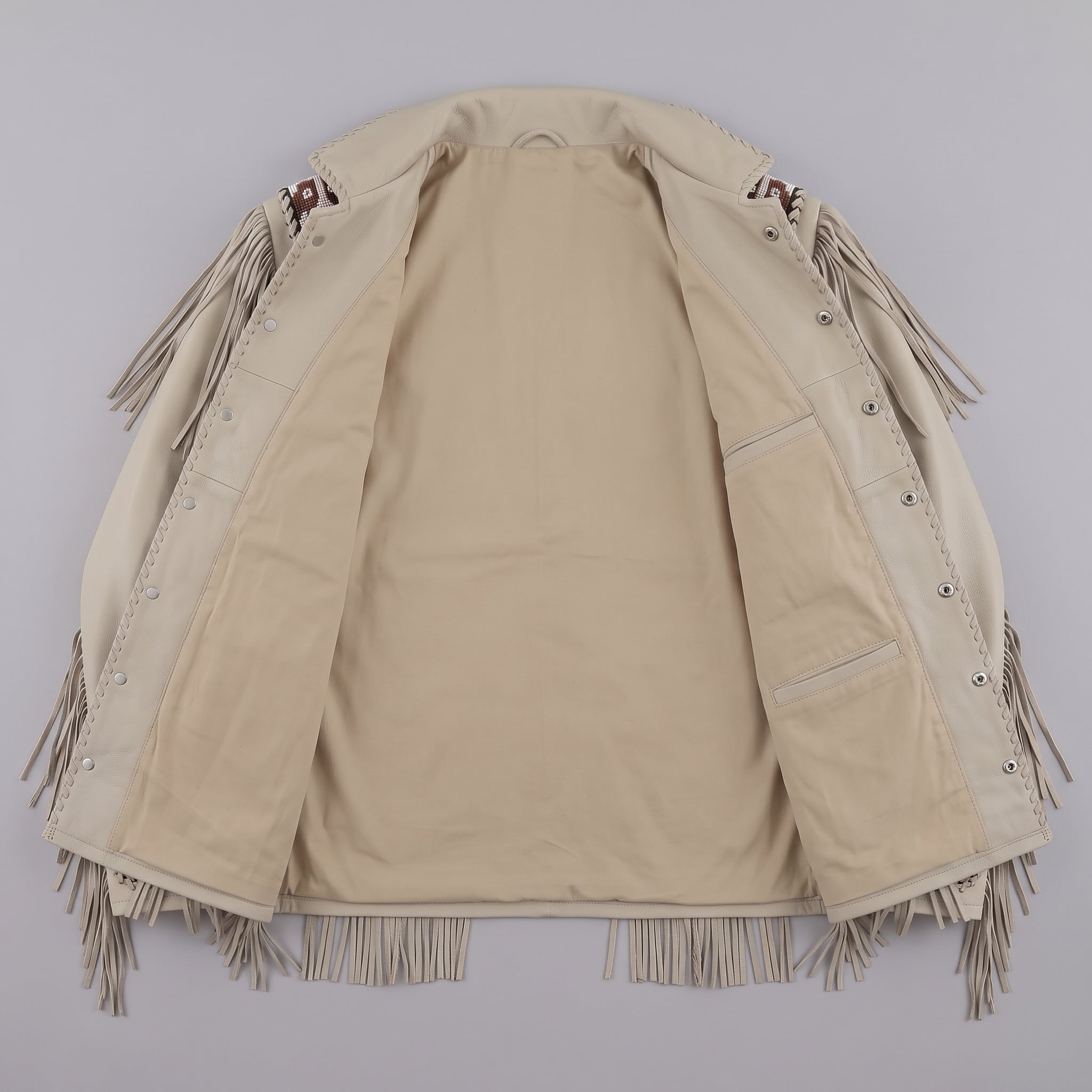 Men's Beige Beaded Fringe Suede Leather Biker Jacket — Hanford