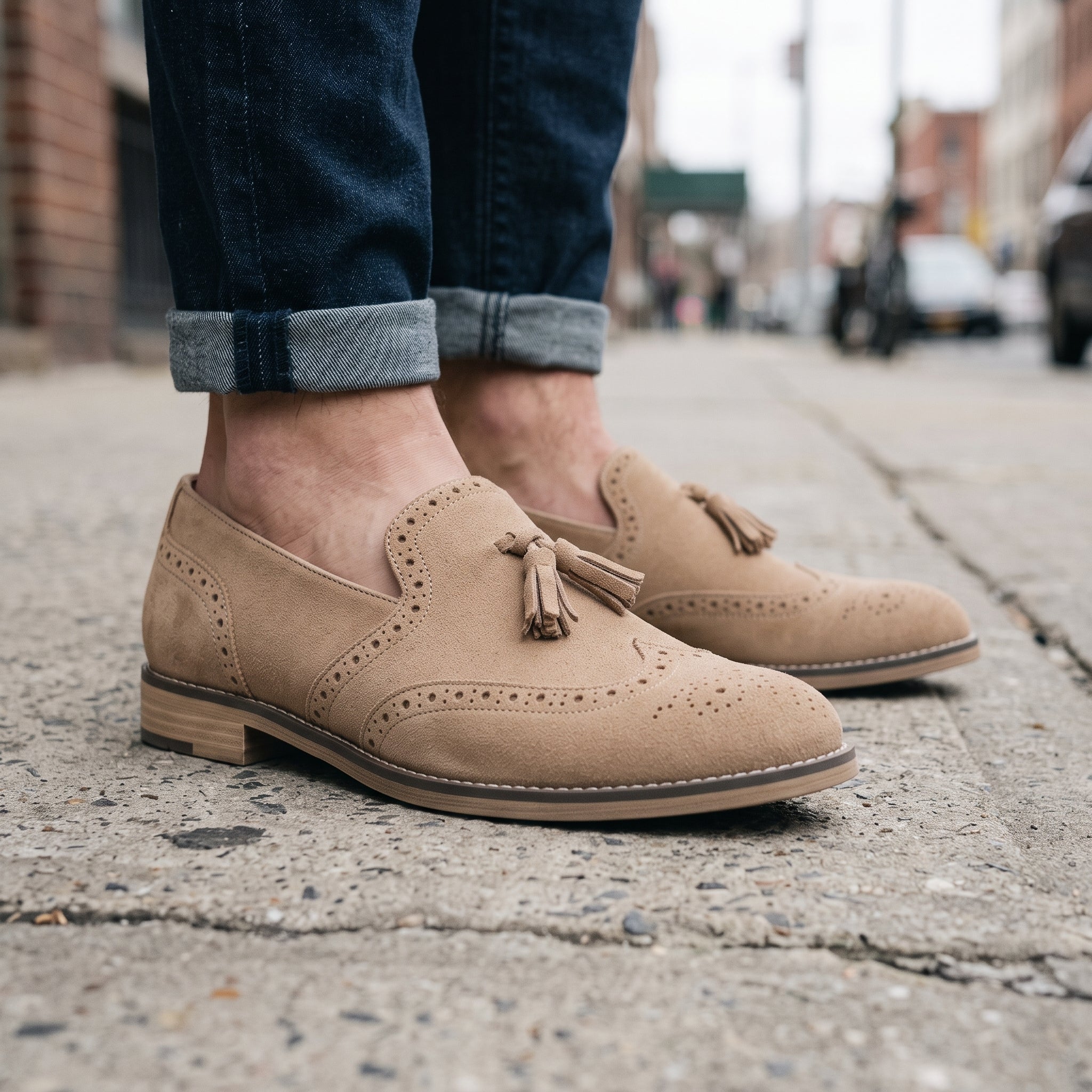 Men's Beige Suede Tassel Loafers — Huxford