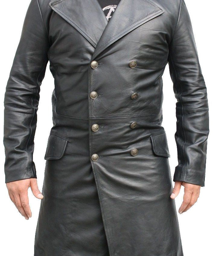Mens Bespoke Long Coat Fashion Leather Jacket Real Cowhide Leather Jacket