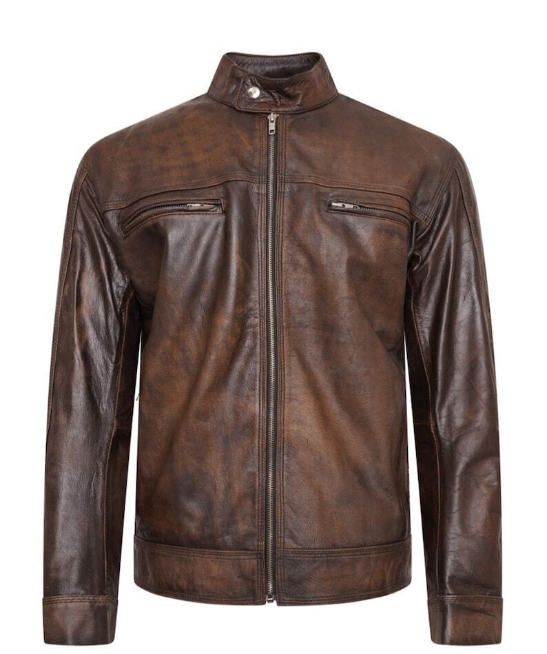 Mens Biker Motorcycle Antique Brown Vintage Leather Jacket Brown Waxed Coat