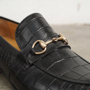 Men's Black Alligator-Embossed Leather Bit Loafers — Moyle