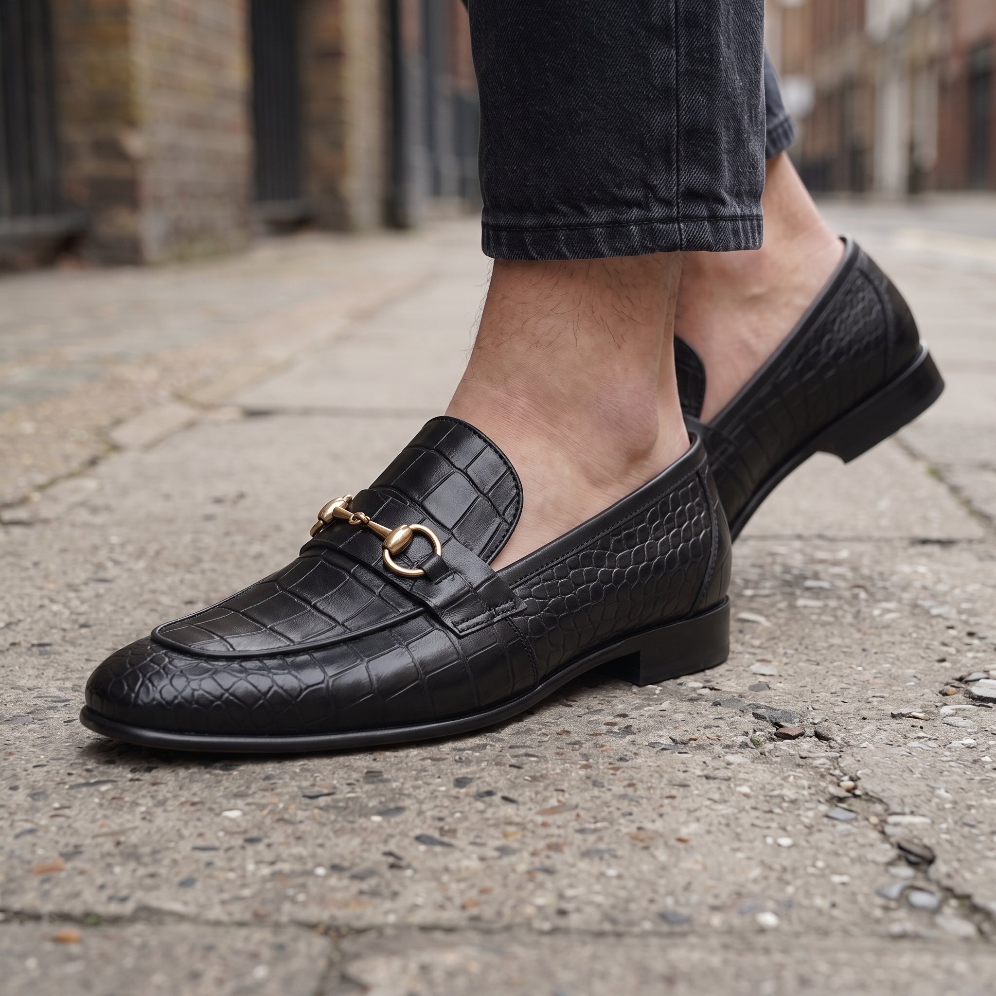 Men's Black Alligator-Embossed Leather Bit Loafers — Moyle