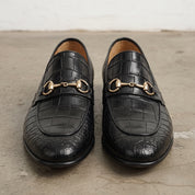 Men's Black Alligator-Embossed Leather Bit Loafers — Moyle