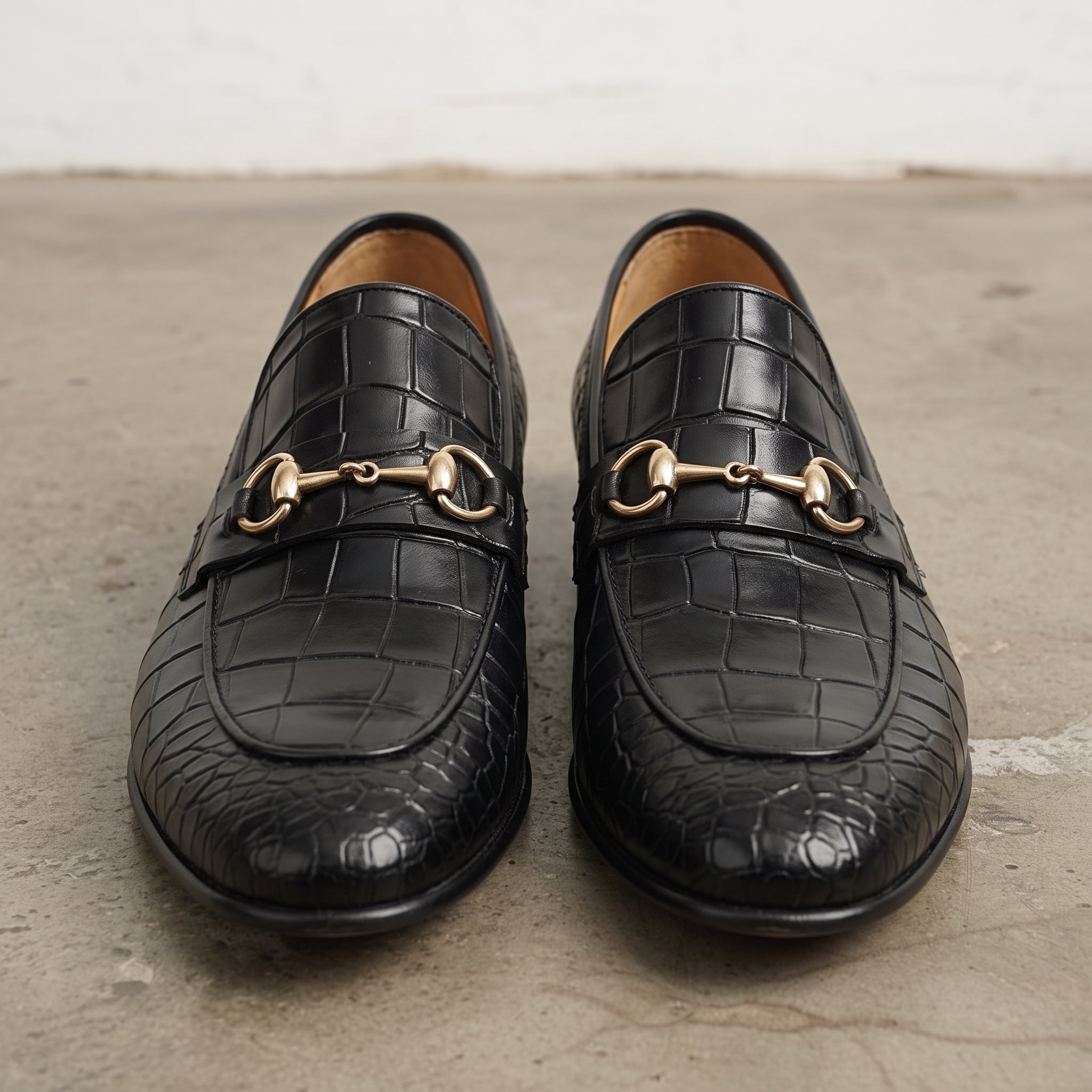 Men's Black Alligator-Embossed Leather Bit Loafers — Moyle