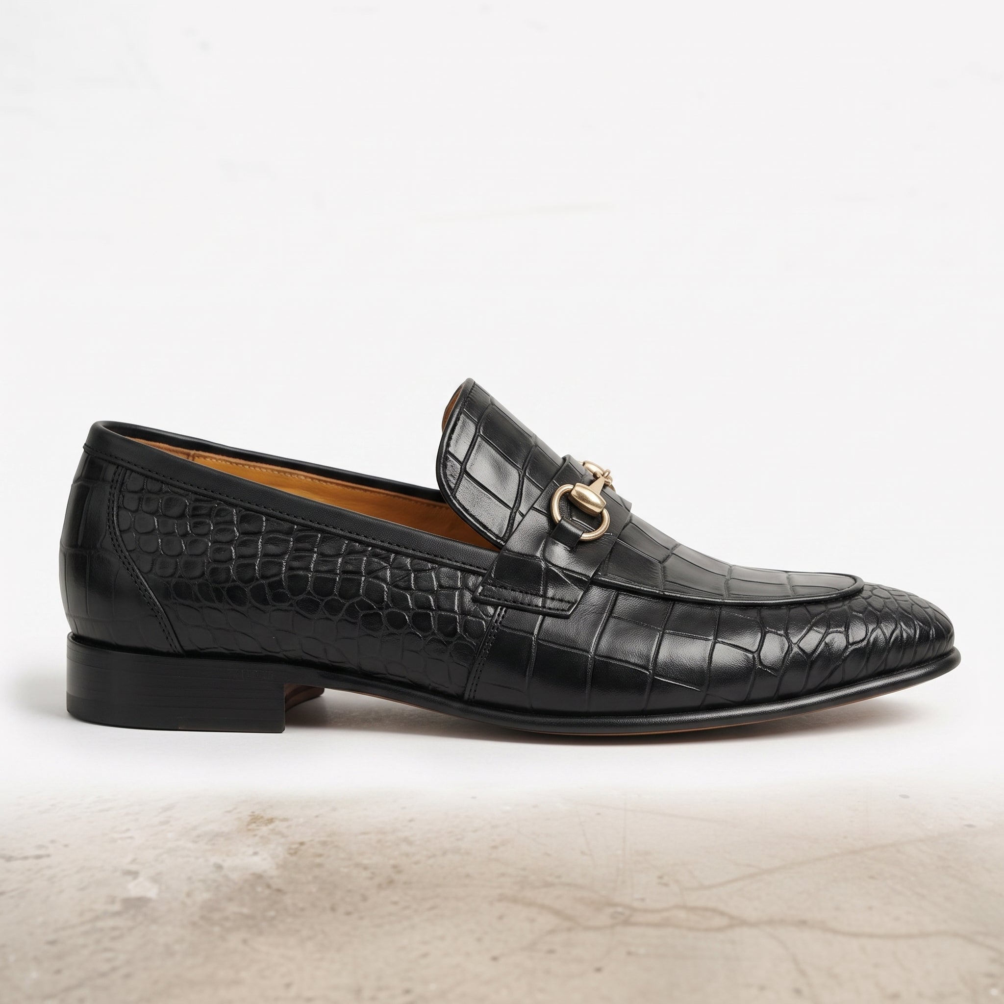 Men's Black Alligator-Embossed Leather Bit Loafers — Moyle